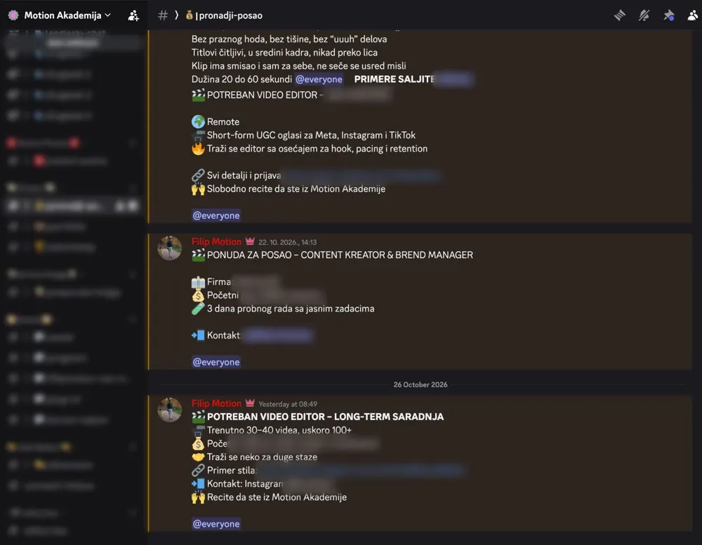 Ponude za posao u Discord zajednici Motion akademije
